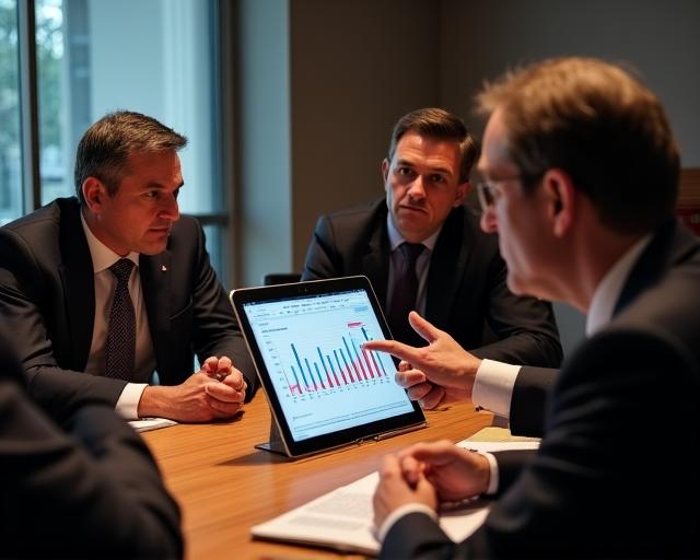 Tavolo di crisi aziendale con esperti che discutono strategie di comunicazione